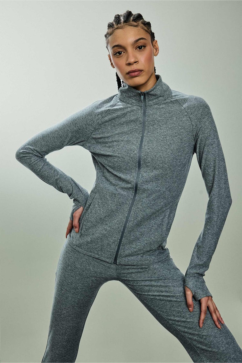 DeFacto Grey Woman Slim Fit High Neck Zip up  Sports Top Sweatshirt Casual - Image 1